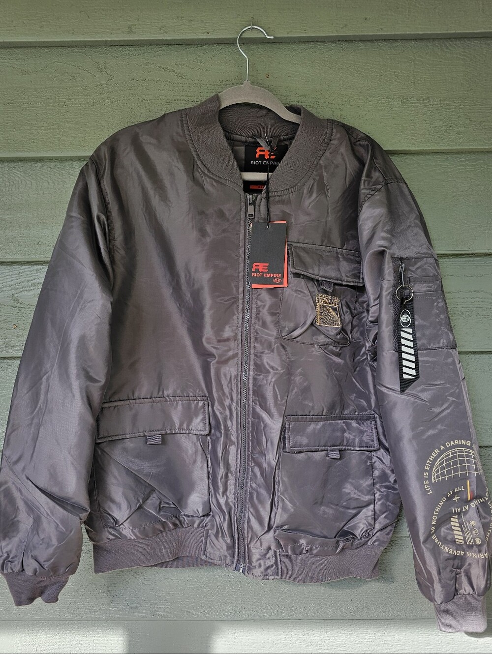 Riot Empire Utility Bomber Jacket in Charcoal Gray Full-Zip Men's Size XL